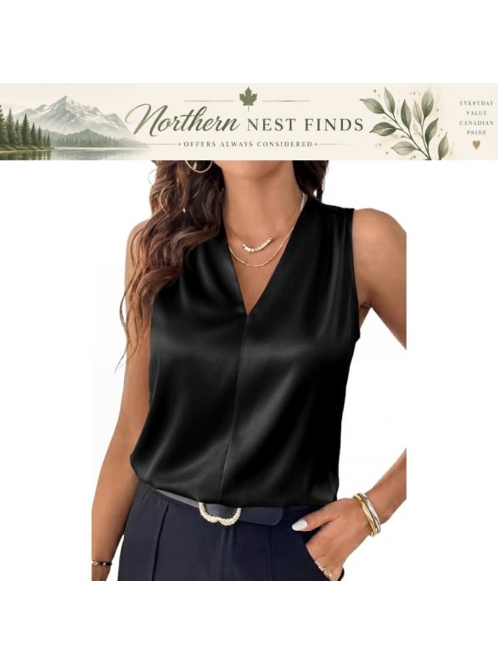 Satin V Neck Sleeveless Tank Top Loose Fit Blouse